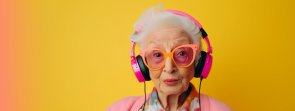 Studio portrait of eccentric elderly woman listening to music on headphones, colorful pink and yellow background
